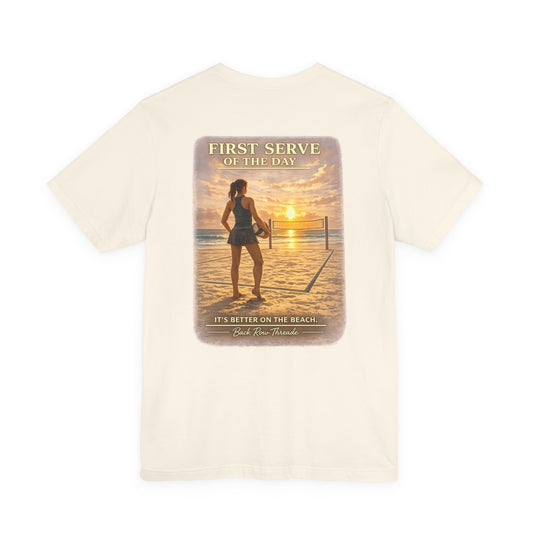 Beach Volleyball Sunset T-Shirt — "First Serve of the Day" Casual Tee
