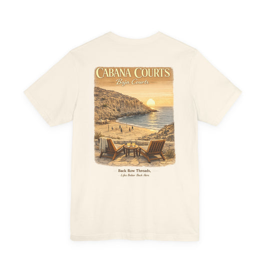 Cabana Courts Beach Sunset Tee — 'Cabana Courts Baja California' Vintage Coastal T-Shirt