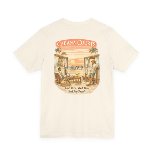 Cabana Courts Beach Tee — "Life’s Better Back Here" Retro Sunset T-Shirt