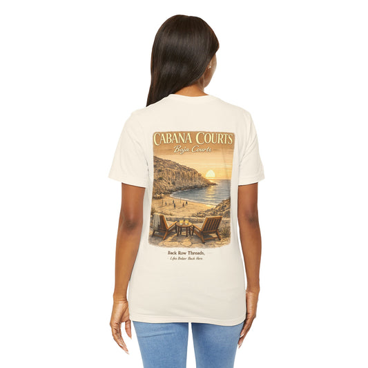 Cabana Courts Beach Sunset Tee — 'Cabana Courts Baja California' Vintage Coastal T-Shirt