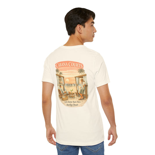 Cabana Courts Beach Tee — "Life’s Better Back Here" Retro Sunset T-Shirt