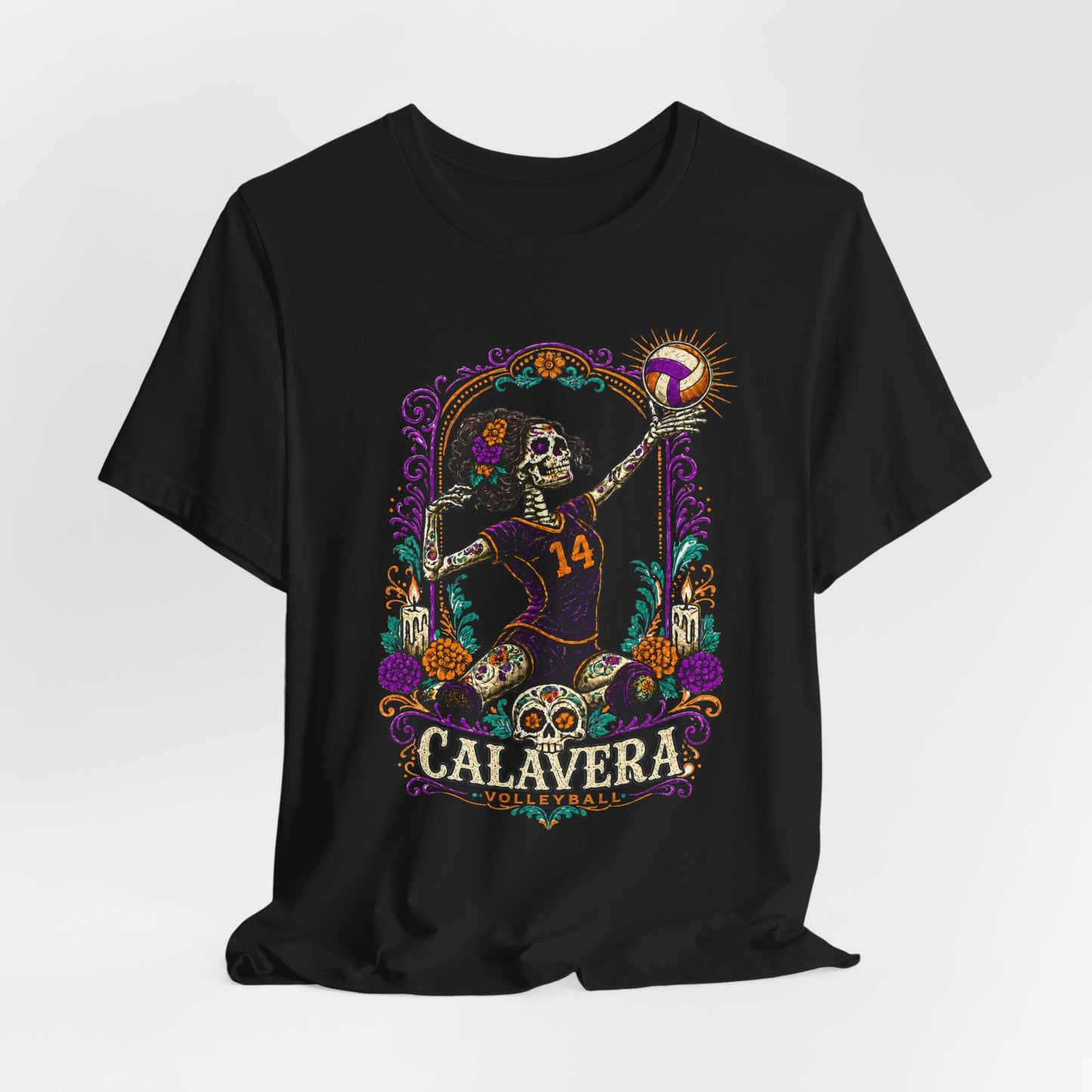 Calavera Volleyball Tee — Day of the Dead Skeleton Spike Shirt