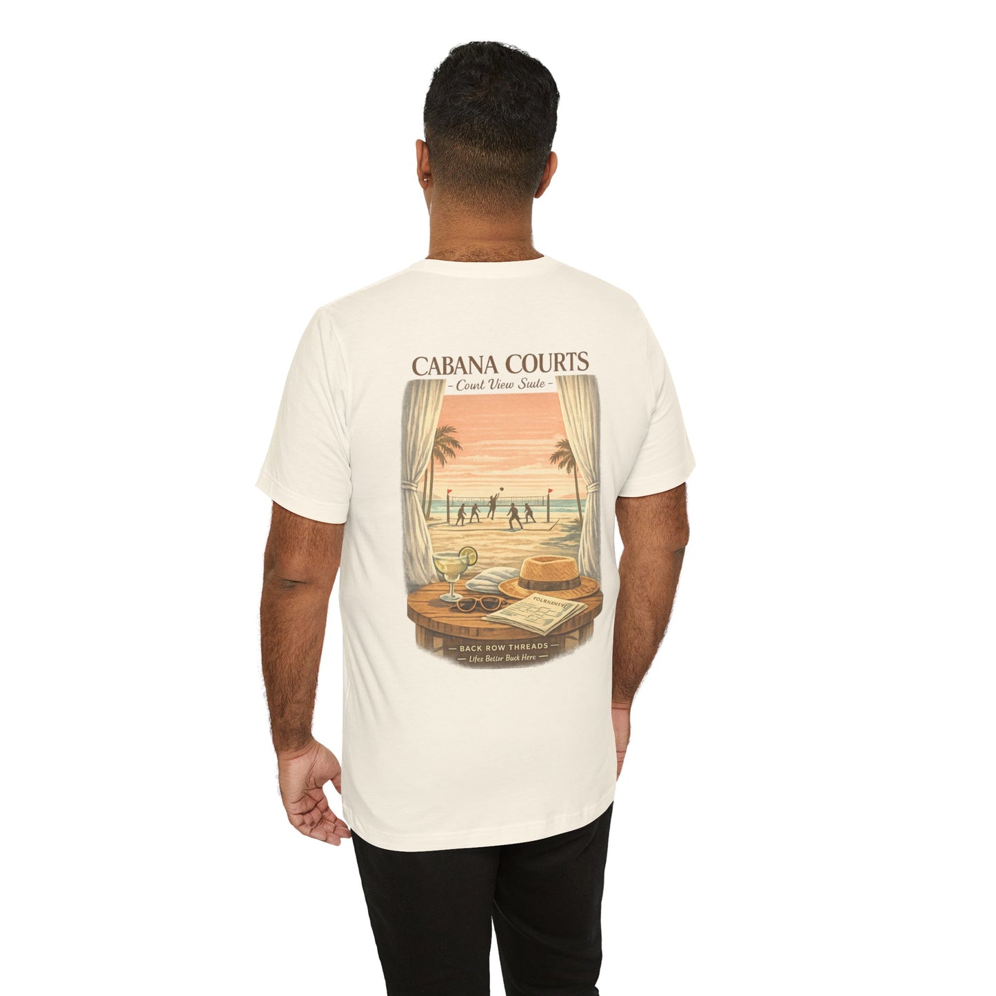 Cabana Courts Beach Scene T-Shirt — 'Cabana Courts' Sunset Vacation Tee
