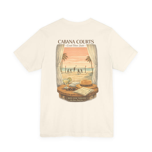 Cabana Courts Beach Scene T-Shirt — 'Cabana Courts' Sunset Vacation Tee